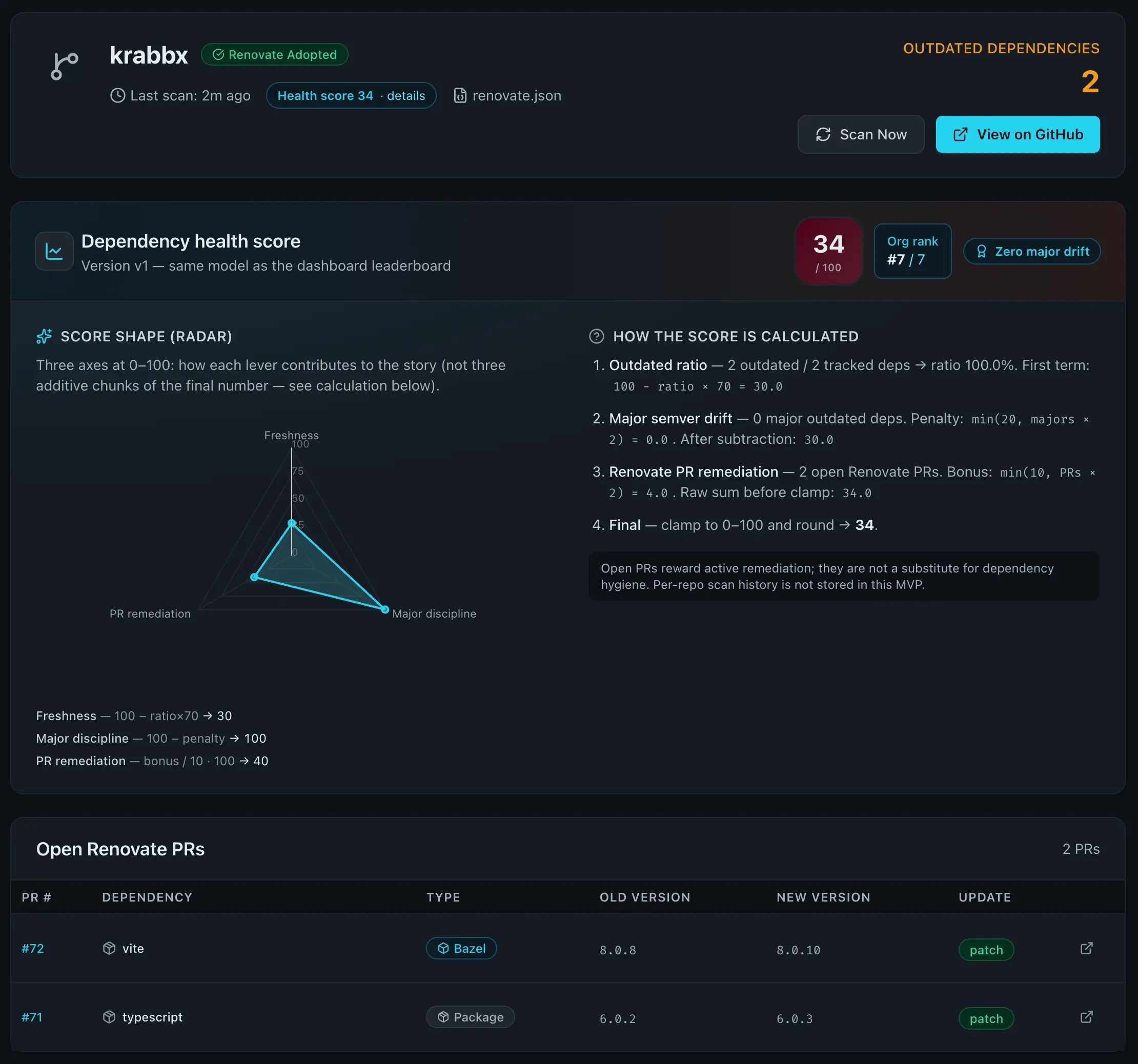 Repository detail: health score radar, scoring breakdown, and open Renovate PRs