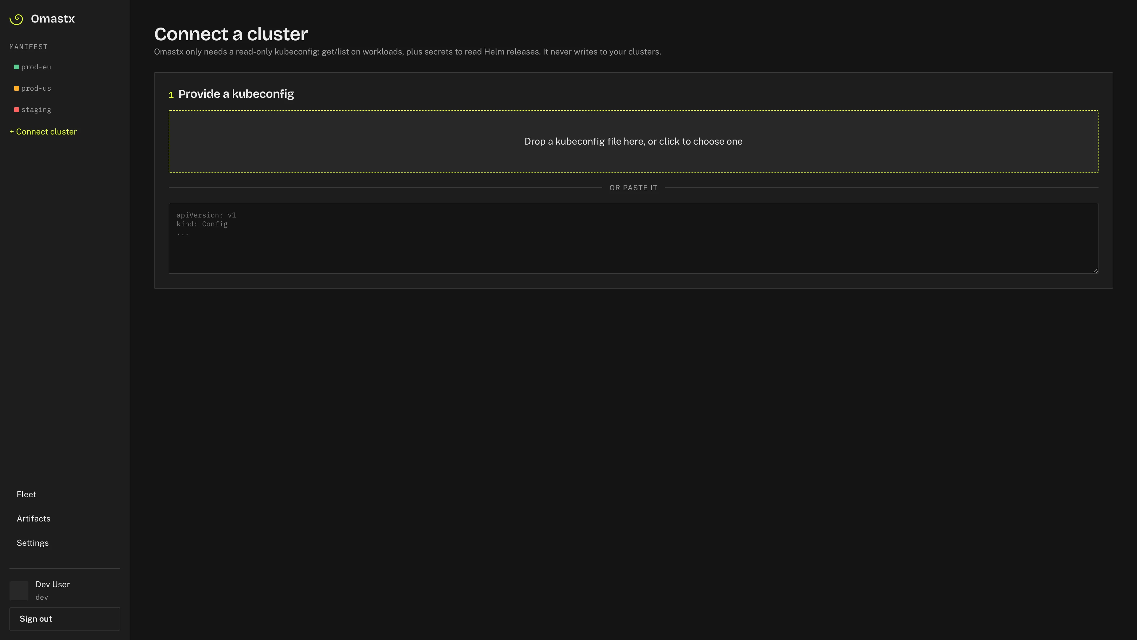 Connect cluster onboarding with kubeconfig drop zone