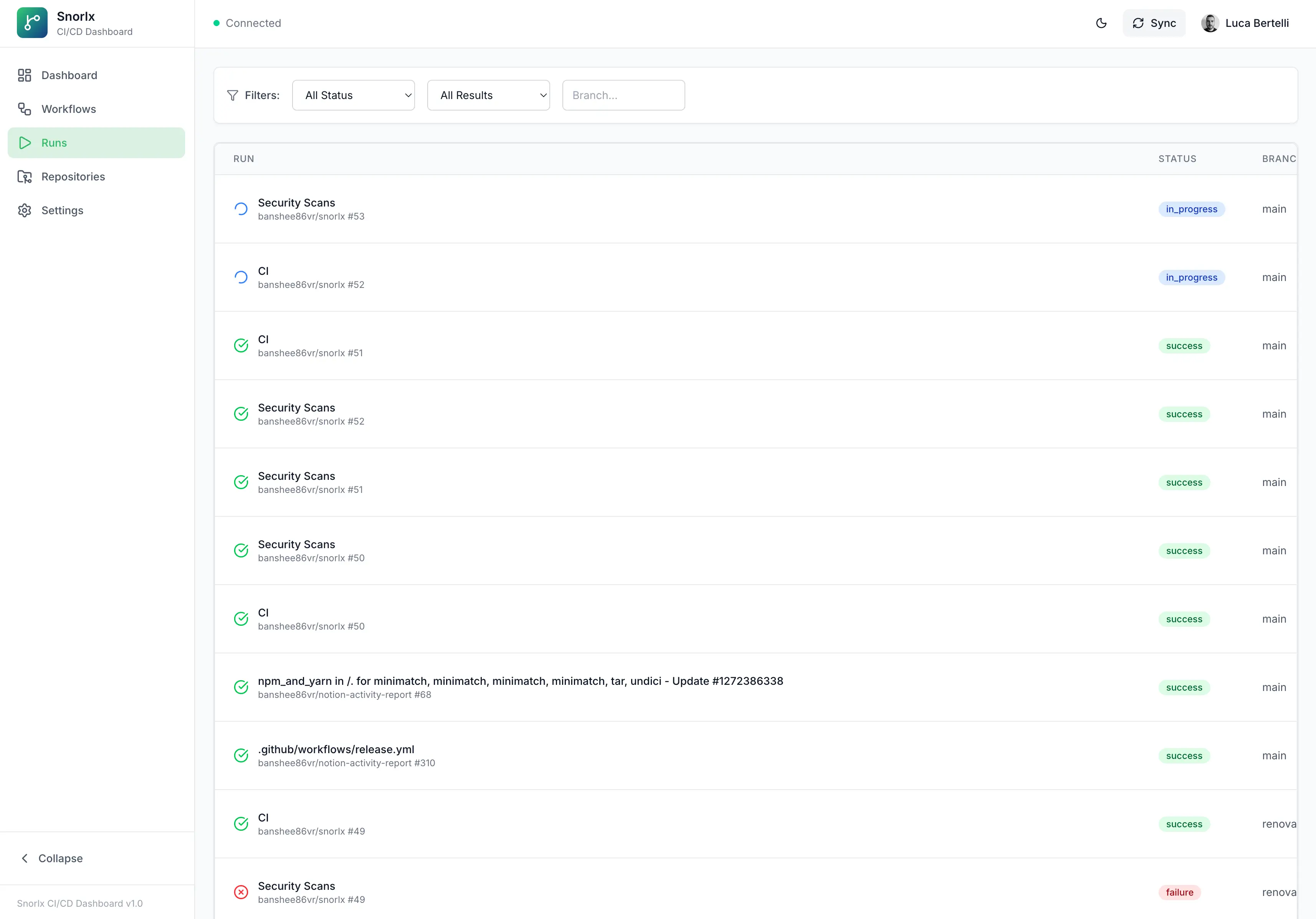 List of runs with filters for status, branch, event